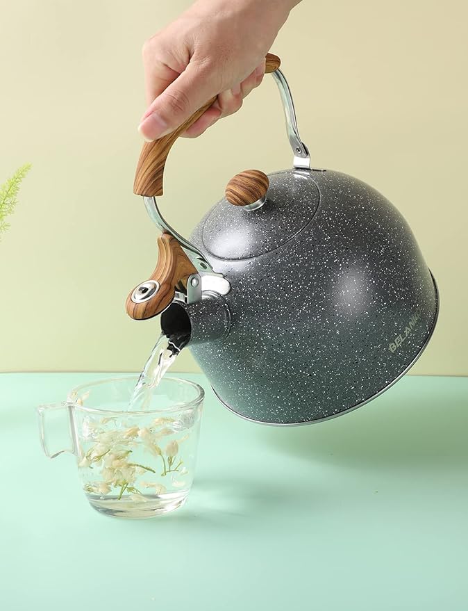 Tea Kettle, BELANKO 85 OZ / 2.5 Liter Whistling Tea Kettle, Tea Pots for Stove Top Food Grade Stainless Steel with Wood Pattern Folding Handle, Loud Whistle Kettle for Tea, Coffee, Milk - Gray