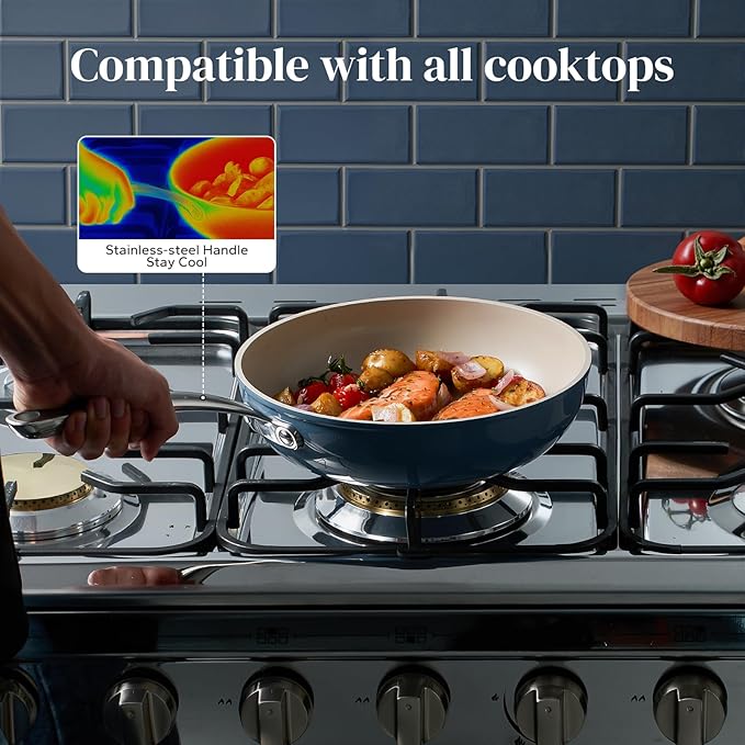 Redchef Ceramic Frying Pans Non Stick 9.5", 2.4QT Deep Saute Pan with Lid, Large Jumbo Cooker with Stay Cool Handle, Non Toxic Cooking Ceramic Pan, Induction Dishwasher Safe, PFOA & PFAS Free(Blue)