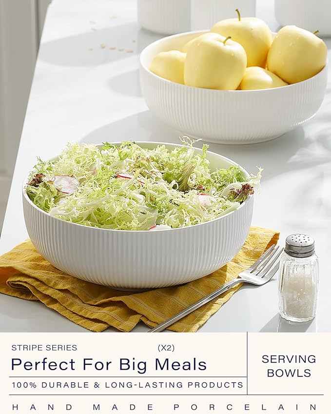 getstar Large Serving Bowls (8 inch & 60 fl oz), Ceramic Salad Bowl Set of 2, Microwave and Dishwasher Safe, Farmhouse Kitchen Decorative Bowls Set (Embossed Checks & Stripes)