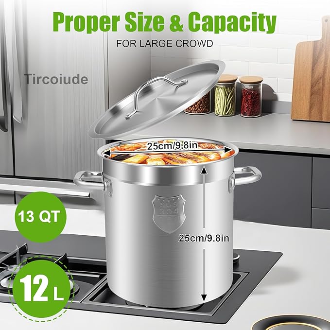 12L/13 Quarts Stock Pots with Lid, Commercial Grade Stainless Steel Cookware Heavy Duty Cooking Pot for Stews, Broths, Simmering, Pasta Seafood Deep Cooking Pot