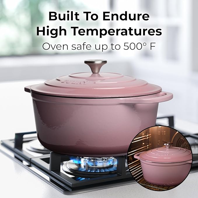 Zulay Kitchen 5 Quart Enameled Cast Iron Dutch Oven Pot with Lid – Premium Durability & Oven Safe up to 500°F – Heavy Duty Cookware Perfect for Bread Baking, Stews, Braising & Roasting – Pink