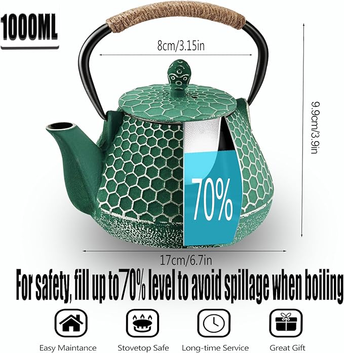 Cast Iron Tea Pot - Honeycomb Pattern Tea Kettle with Tea Leaf Infuser,Stovetop Tea Kettle Coated with Enameled Interior,Suitable for Brewing Loose Leaf Tea (green)