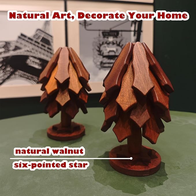 Tree Trivet Set - 4 Pcs Walnut Wooden Trivets with Stand, Foldable Christmas Tree Hot Pot Holders | Snowflake Unfold Design, Effective Heat Insulation