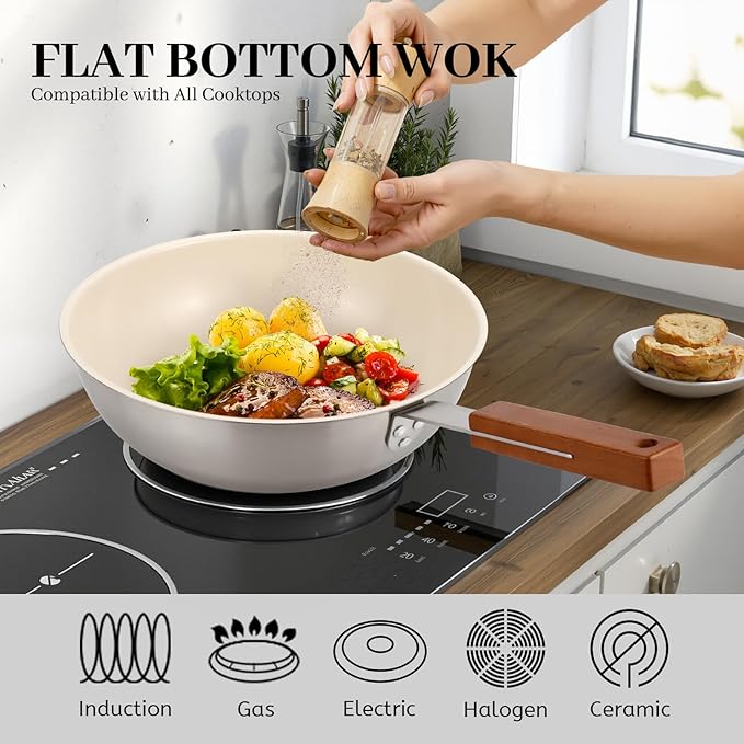 MARSKITOP Stainless Steel Wok Pan, Ceramic Nonstick Stir Fry Pan with Lid and Wooden Handle, 9.5 Inch Induction Wok, PFAS Free