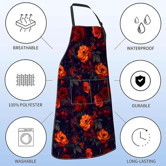Floral Apron for Women with Dark Red Orange Rose,28x33in,Autumn Kitchen Aprons with 2 Pockets, Oxford Fabric,Gothic Flower Adjustable Apron for Cooking Baking Gardening Chef,Gifts for Mom Wife