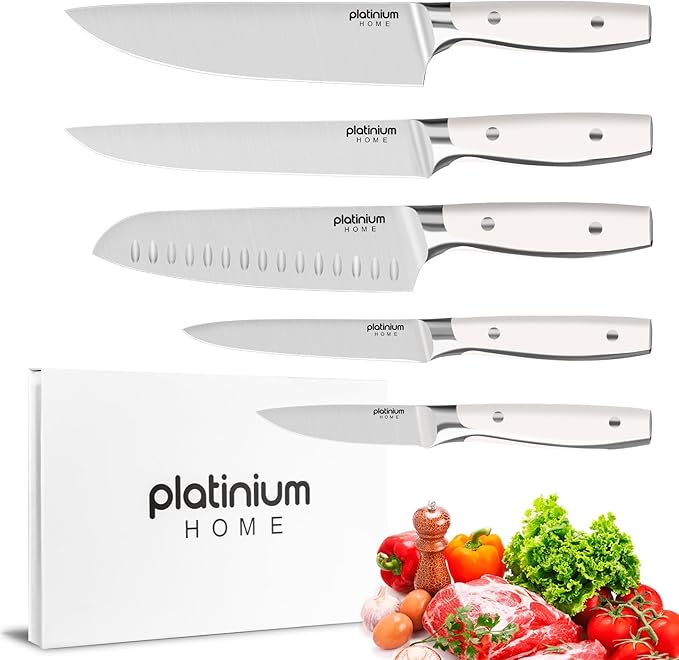 Kitchen Knife Set of 5,Professional Chef knife High Carbon Stainless Steel White Chefs Knives for Home Cooking, Includes Chef, Santoku, Boning, Utility, Peeling Knives with Gift Box