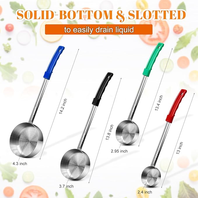 Stainless Steel Solid Portion Control Ladle Spoon - Pizza Sauce Serving Spoons Portion Ladle for Sauces, Perfect for Weight Watchers, Buffets, Parties，2 oz 4oz 6oz 8oz Color Handles Spoodle - Set of 4