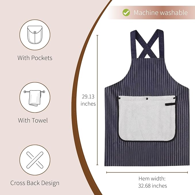 Apron with Pockets for Women and Men Cross Back Design with Towel Machine Washable Kitchen Apron for Cooking Grilling Painting Cleaning Gardening