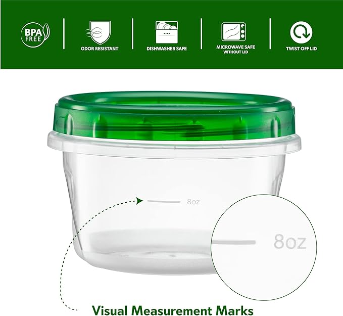 (8 Ounce 20 Pack) Twist cap Containers Clear Bottom With Green Top Screw on Lids Twist Top Food Storage Freezer Containers