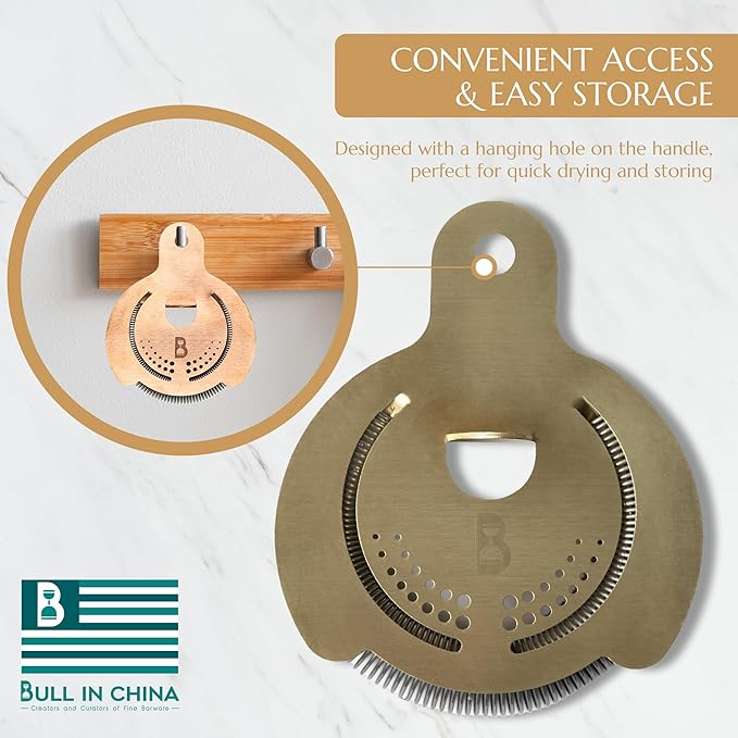 Hawthorne Strainer by Bull in China In Gold (100% Brass) - Made In USA - High Density Spring Cocktail Strainer for Boston Shakers and Mixing Glasses for Bars & Bartenders