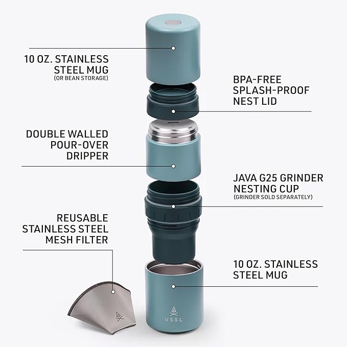 VSSL - Nest Pour Over Coffee Kit | Coffee Maker for Camping | All-In-One Travel Pour Over | Transportable Dripper, Two 10oz Stainless Steel Travel Mugs | Compact Storage & Adventure Ready | Everglade
