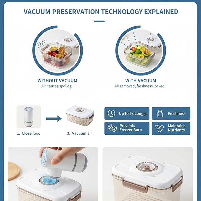 Vacuum Container,Vacuum Seal Containers,4pcs Airtight Food Storage Containers with Lids,8pcs Food Vacuum Bags/ 1pc Automatic Pump, Marinade and Keep Food Fresh with Time Dial, BPA Free(Square)