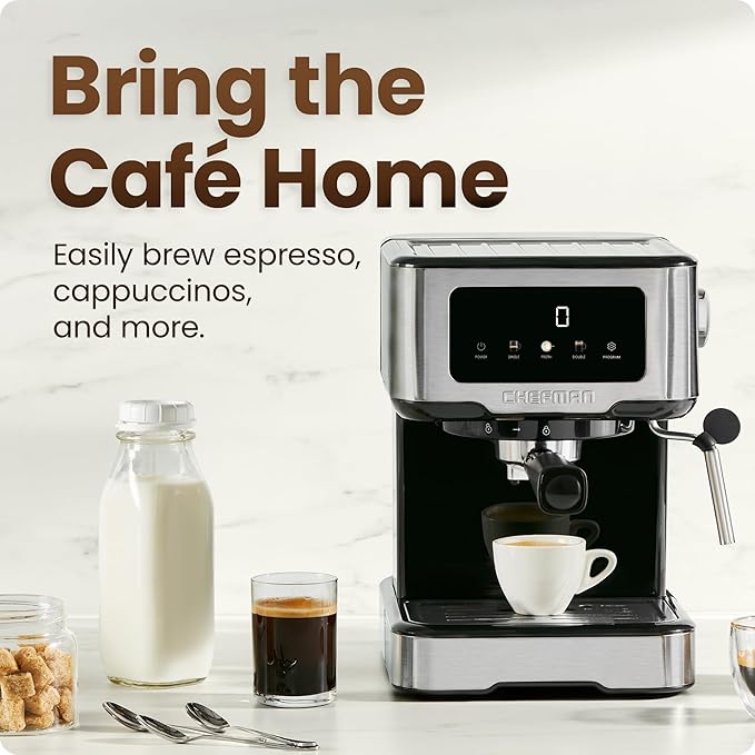 Chefman CraftBrew Espresso Machine, 15-Bar Pump Digital Espresso Maker w/Steam Wand for Latte & Cappuccino, Compact Espresso Coffee Machine w/ 1.5L Removable Water Reservoir - Stainless Steel