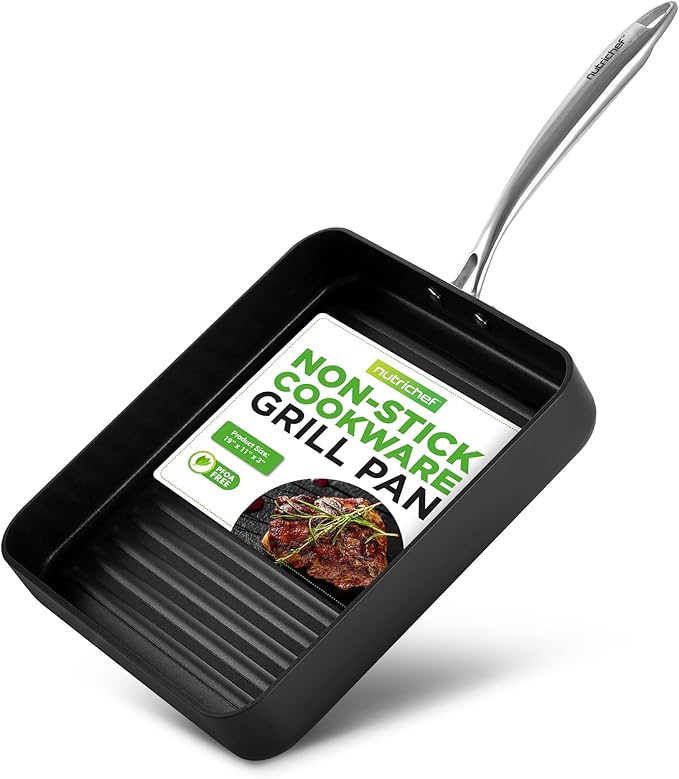 NutriChef 11" Square Grill Pan Non Stick - High Ridges, Hard-Anodized, Stove Top Griddle, Strong Handles, Dishwasher Safe