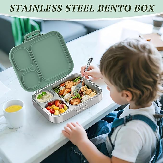 Stainless Steel Lunch Box: Metal Bento Box for Kids Adults - Leak-Proof 3 Compartments,Green