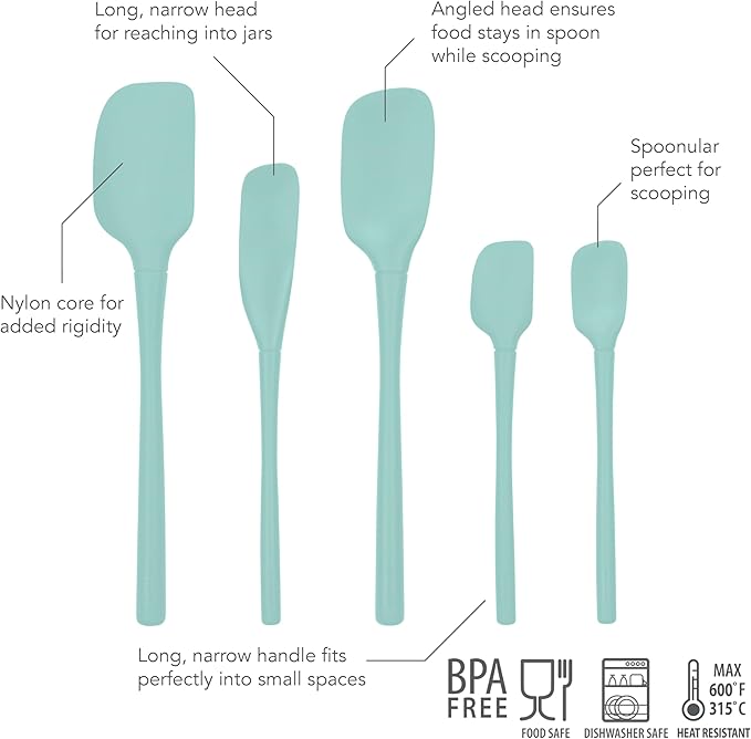 Tovolo 5-Piece Silicone Utensil Set (Light Aqua): Spatula, Spoonula, Jar Scraper, Mini Spatula, and Mini Spoonula