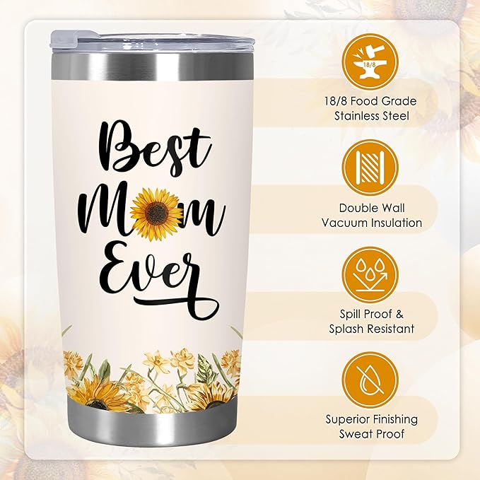 TEEZWONDER Christmas Birthday Gifts for Mom from Daughter Son - #1 Nutrition Facts Sunflower Stainless Steel Insulated Coffee Tumbler with Lid 20 oz - Mothers Birthday Gifts for Mama Grandma Women
