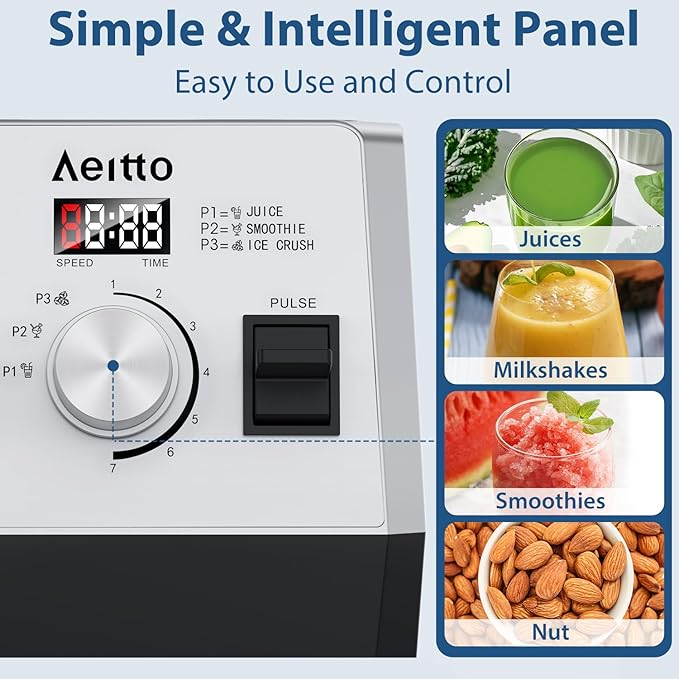 Aeitto Blenders for Kitchen with 68Oz. Large Capacity, 1800W Max Power Smoothie blender, 3 Preset Programs & 7 Speeds, Professional Countertop Blender for Smoothies, Frozen Drinks, Generation1 Silver