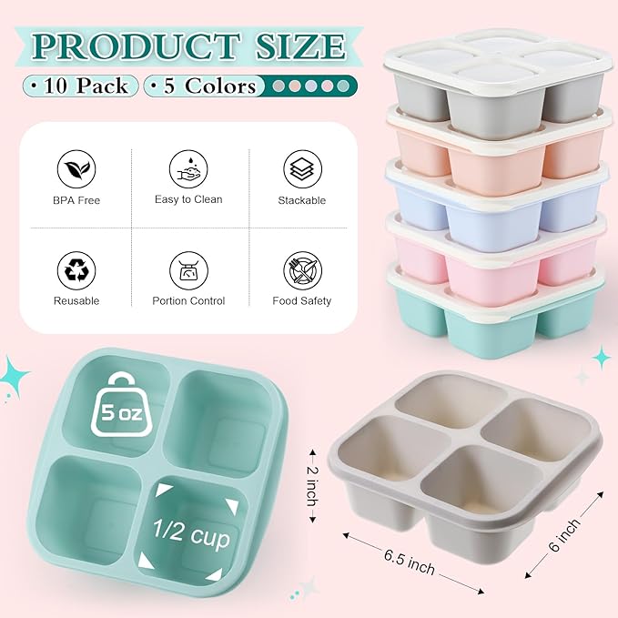 Honeydak 10 Pack Snack Container 4 Compartment Reusable Bento Snack Boxes Divided Lunchable Containers with Lids Meal Prep Lunch Food Storage Boxes for School Work Travel (Macaroon Color)