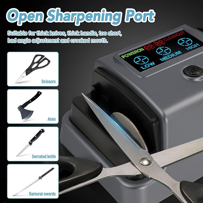Electric Knife Sharpener 5-in-1 Kitchen Knives Sharpeners with 100% Diamond Abrasives, 3-Speed Variable with LCD Screen for Serrated Lawn Blades Edges, Scissors & Axe, Grey
