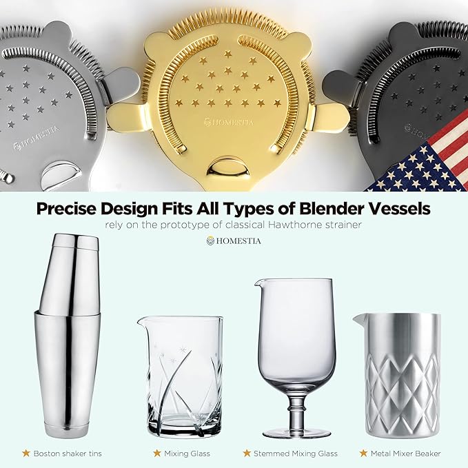 Homestia Hawthorne Cocktail Strainer - Stainless Steel Bar Strainer for Bartending, Bar Tool Drink Strainer for Bartenders and Mixologists, Martini Strainer for Boston Shaker Mixing Glass (Gold)