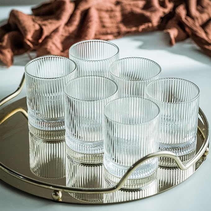 Ribbed Glass Cups Set, 13oz Vintage Drinking Glassware Set, 6 Piece Premium Glassware, Elegant Mixed Glassware Set, Origami Style Cocktail Glasses, Great for Whisky, Iced Coffee & Beverages (6PCS)