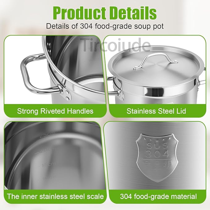 12L/13 Quarts Stock Pots with Lid, Commercial Grade Stainless Steel Cookware Heavy Duty Cooking Pot for Stews, Broths, Simmering, Pasta Seafood Deep Cooking Pot