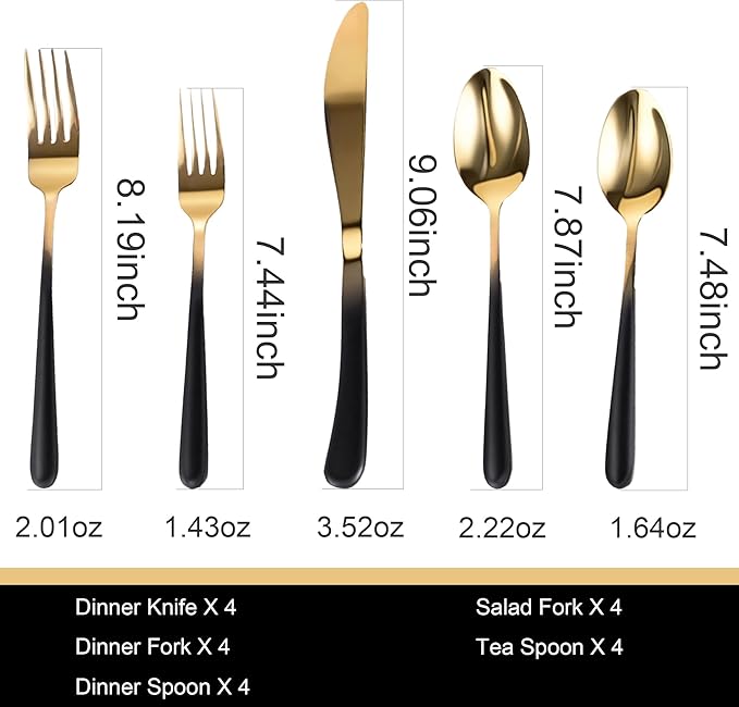 Black Silverware Set for 4 Elegant 20 Piece Flatware Set 18/10 Stainless Steel Nice Weight Mirror Polished Unique Black Gradual Change Gold Cutlery Utensils Sets for Home Kitchen Restaurant