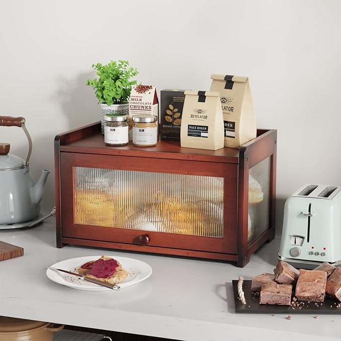 BAMBANG Bamboo Bread Box for Kitchen Countertop, Large Capacity Bread Storage Container Farmhouse Bread Box with 3 Sides Wavy & Back Clear Window, Breadbox Bin Holder for Homemade Bread, Rustic Brown