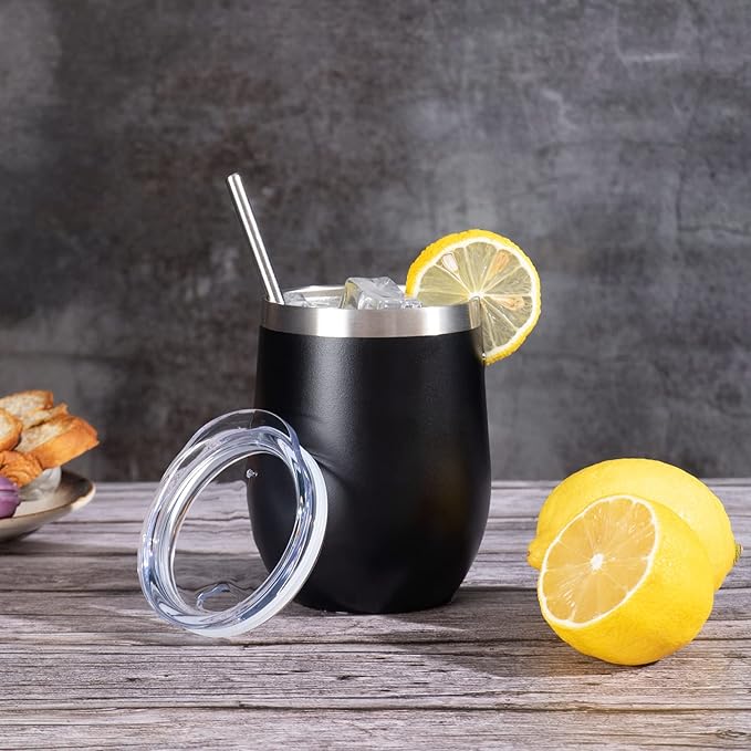 12 oz Insulated Wine Tumbler with Lid and Straw,Stainless Steel Stemless Wine Tumbler Double Wall Vacuum Wine Cups Tumbler Bulk for Coffee,Champaign,Cocktail,Office(Black/White/Navy blue/Dark blue)