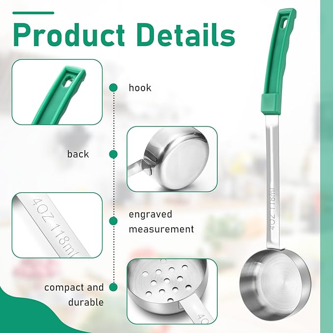 2 Pcs Portion Control Serving Spoons, Restaurant Measuring Serving Ladle Utensils, Portion Spoons for Weight Loss, Kitchen (Green,4 oz,Solid and Slotted)