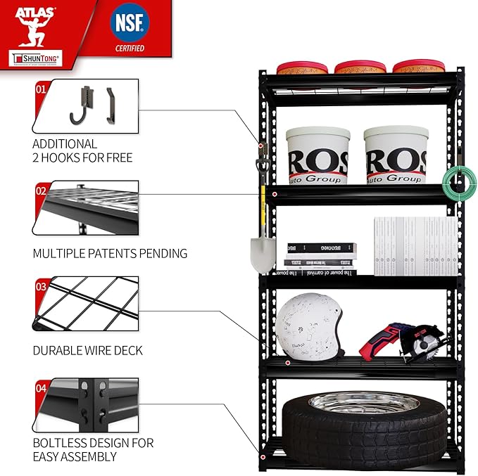 The Atlas 30" W x 12" D x 60" H Adjustable Garage Storage Shelves Load 2500 lbs, 5 Tier Heavy Duty Shelving Unit, Metal Utility Storage Rack for Warehouse Pantry Basement Kitchen, Black