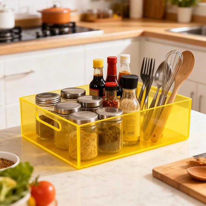 Large Storage Bin Acrylic Pantry Storage Container with Handles Kitchen Organizer Bin for Cabinet Cupboard Organization, Heavy Duty, 15.4 x 11.4 x 5.5'', Neon Yellow
