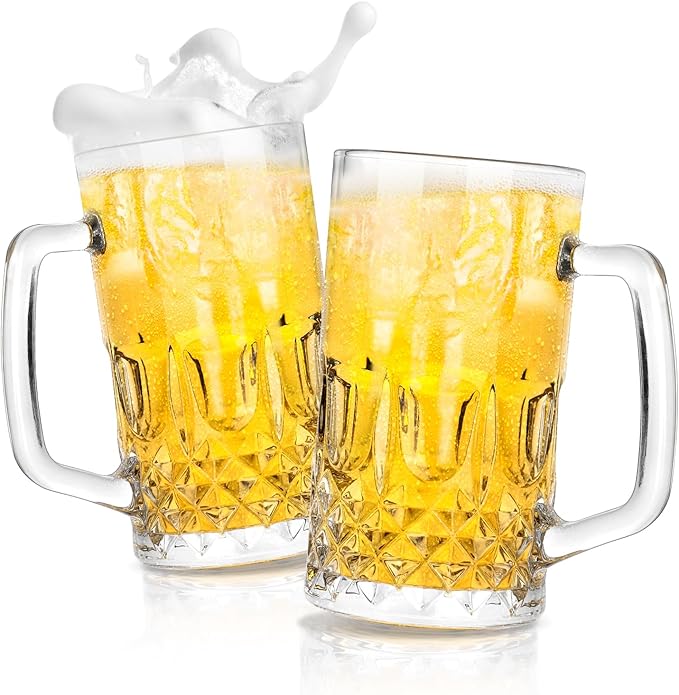 Beer Mug Set of 2, 22oz Crystal Beer Glasses with Handle, Glass Beer Mugs for Freezer, Gifts for Men