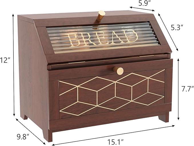 Double Layer Bread Box With Golden Trim for Countertop, Wooden Bread Container for Kitchen Counter, Corner Bread Storage, Brown