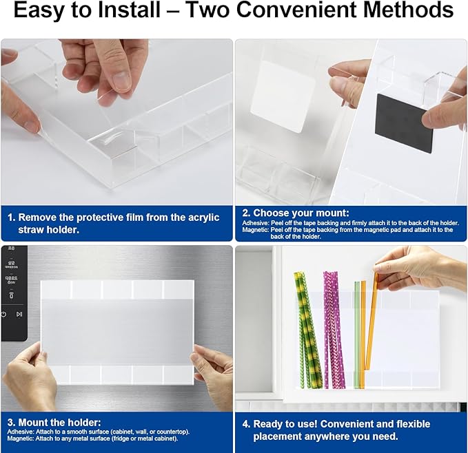 Upgraded Acrylic Straw Holder for Cabinet Door, Fridge & Countertop–Magnetic/Adhesive Dual Mount, Strong Hold, Space-Saving Straw Organizer with Adhesive Tape, Magnetic Sheet