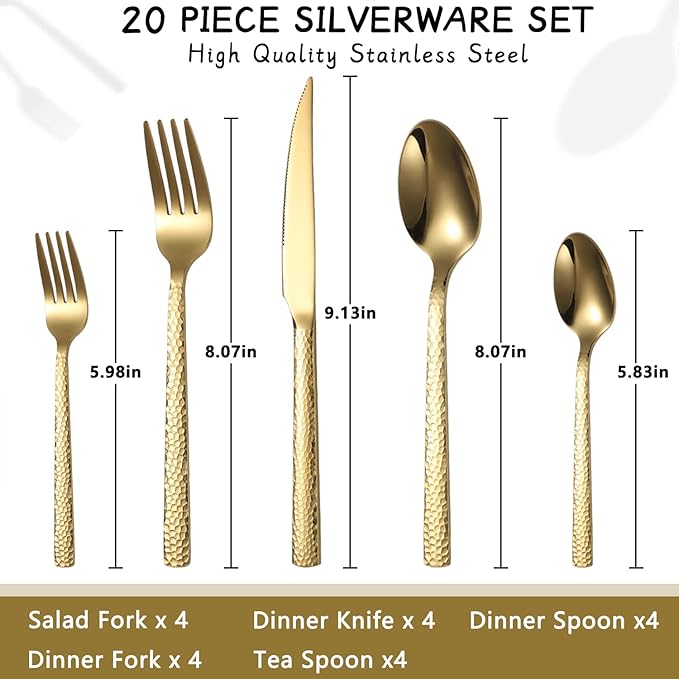 Silverware Set of 20 Stainless Steel Gold Flatware Set for 4 Kitchen Cutlery Sets Includes Forks Spoons Knives for Home Restaurant Hotel