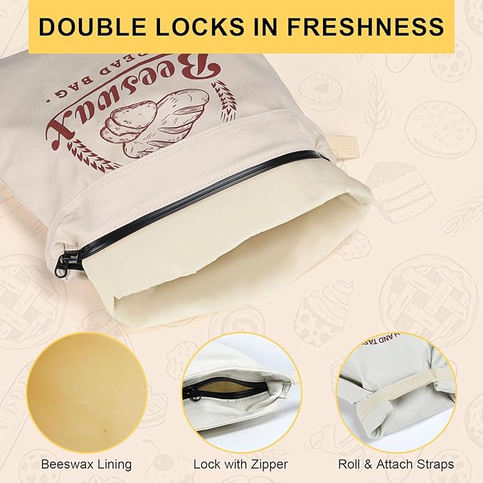 2 Pack Beeswax Bread Bags for Homemade Bread, Large Linen Reusable Bags with Zipper Eco-Friendly Food Storage for Sourdough, Sandwich, Baguette