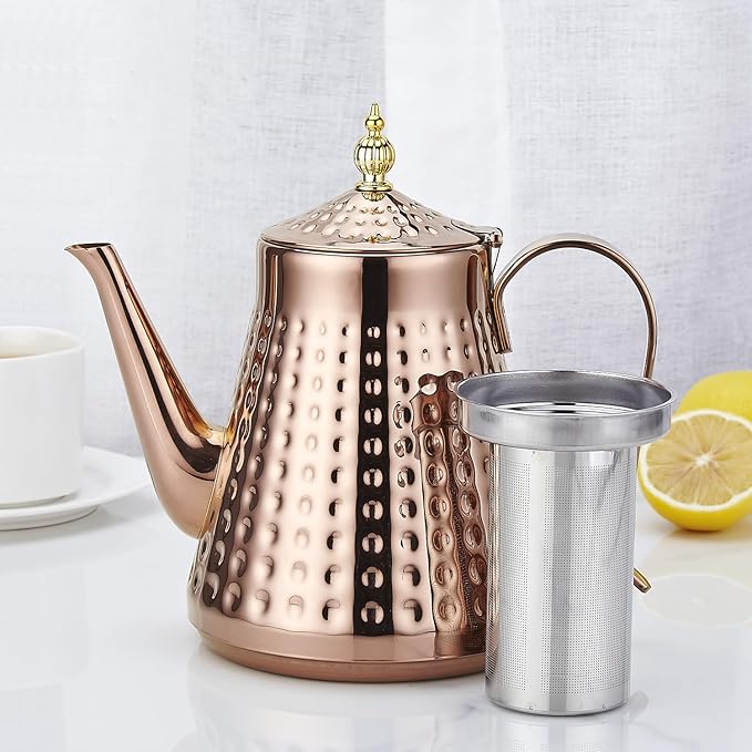 SANQIAHOME 1.6L(54oz) Stainless Steel Hammer Patterned Teapot With Removeable Infuser,Loose leaf cover,Copper