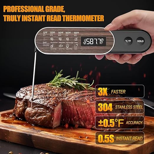 Rechargeable Meat Thermometer Digital with Ultra-Fast 0.5 Sec Instant Read, NIST Certified ±0.5°F Accuracy, Auto-Rotating Backlight Display, IP67 Waterproof, Oven Safe for Grill, BBQ, Smoker, Candy