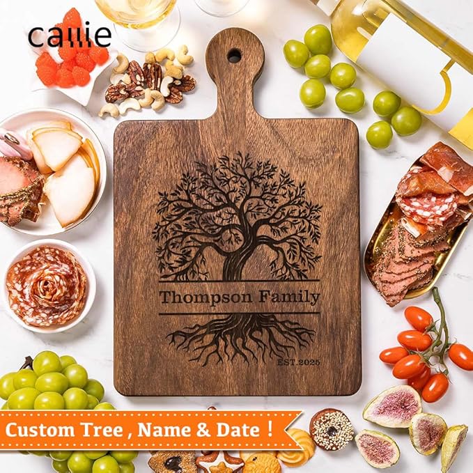 callie Personalized Family Cutting Board, Wooden Engraved Cheese Food Serving Tray Platter with Grip Handle, Housewarming Gifts (S, M, L)