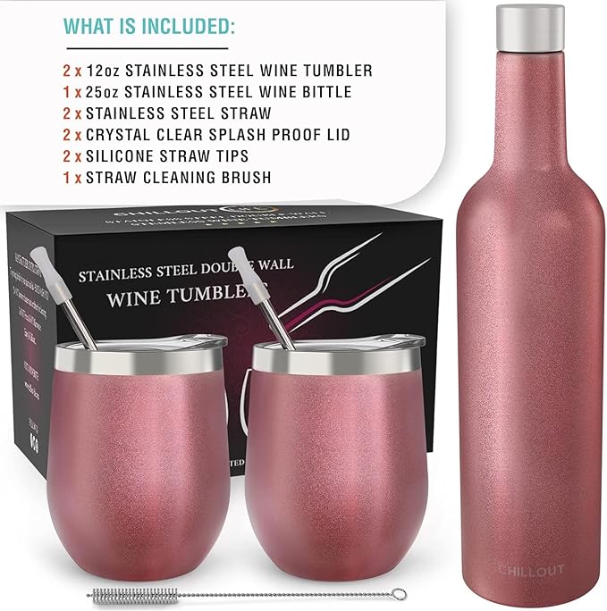 CHILLOUT LIFE 12 oz Stainless Steel Wine Tumblers 2 Pack & 1 Insulated Wine Bottle - Double Wall Vacuum Insulated Wine Glasses Cups with Lids and Straws Set Keeping Cold & Hot Gift Set - Rose Gold