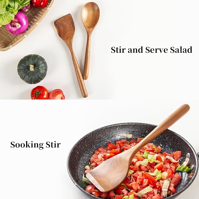 2PCS Acacia Wooden Spoons For Cooking 12-inch Smooth Finish Spatula Spoon And Cooking Spoons-Comfortable Grip Wood Spoons for Cooking - Non-Stick Wooden Cooking Utensils