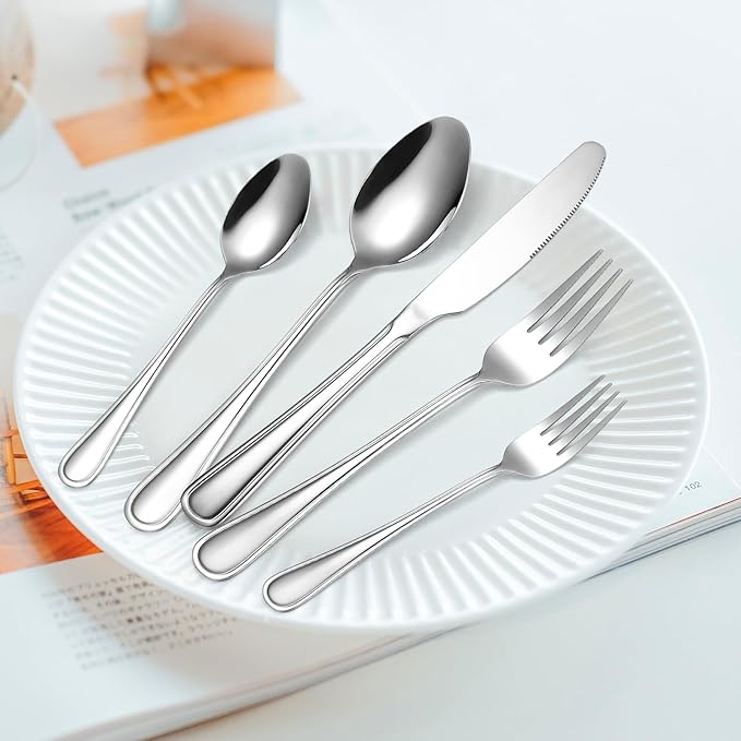 Modern Flatware Silverware Set for 4 People Kitchen Stainless Steel Cutlery 20 Pieces Forks Knives Spoons Luxury Eating Utensils Double Line Edges Handle