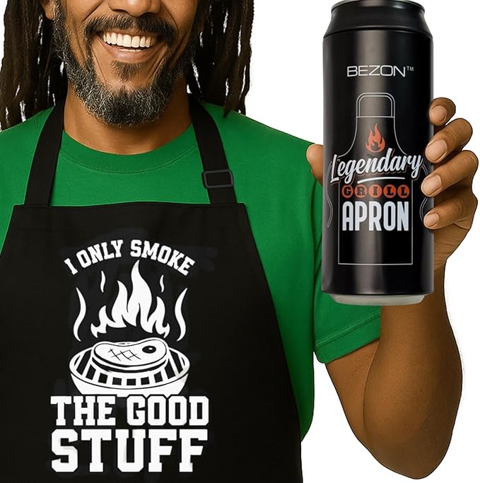 BEZON Funny Grill Apron for Men – Beer Can Gift Packaging – Hilarious BBQ Gift for Dad, Husband, or Friend – Heavy-Duty Water-Resistant Canvas – I Only Smoke The Good Stuff