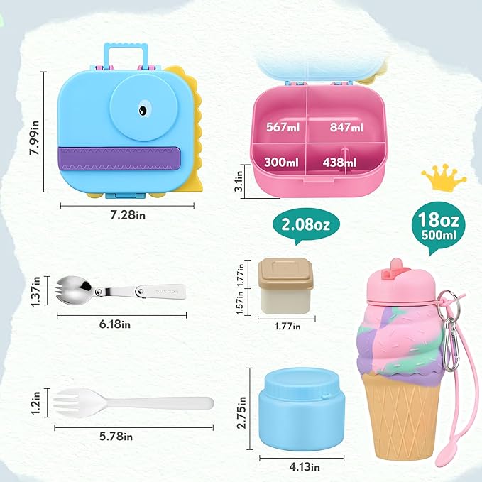 Dinosaur Lunch Box for Kids with Secret Compartment | 4 Compartments Bento Box + 12oz Insulated Food Jar | Leak-Proof Sauce Cup & Collapsible Spoon | BPA-Free, Dishwasher Safe(Grey+Grey Jar)
