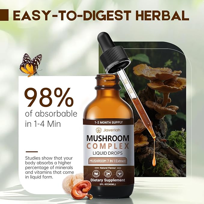 Mushroom Complex Liquid Drops Supplement with Lion's Mane, Shiitake, King Trumpet, Turkey Tail, Reishi, Cordyceps & Chaga,7 in 1 Mushrooms Complex Blend Tincture 2 fl oz