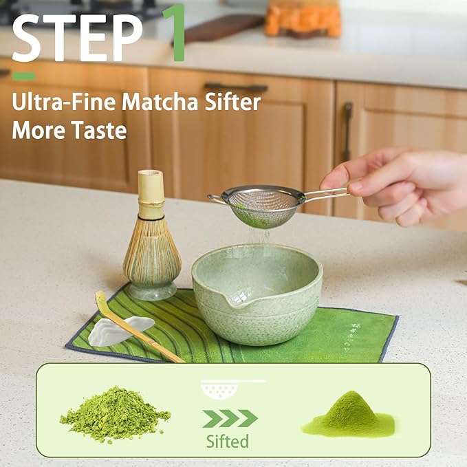 Matcha Whisk Set, 7 Pcs Matcha Set Includes Matcha Bowl with Spout, Bamboo Whisk, Holder, Stainless Sifter, Scoop and Rest, Rest, Tea Towel - Japanese Matcha Kit for Matcha Lovers, Family/Friend