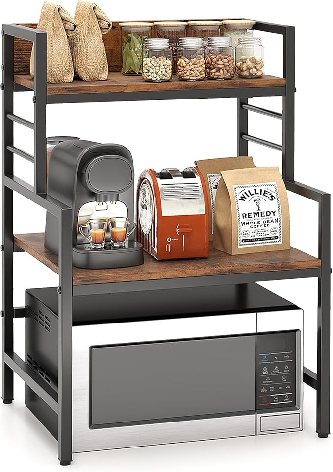Giantex 3-Tier Microwave Stand, Space-Saving Microwave Oven Rack with 2 Open Shelves & Heavy-Duty Metal Frame, Industrial Countertop Organizer, Microwave Stand Countertop for Kitchen Coffee Bar