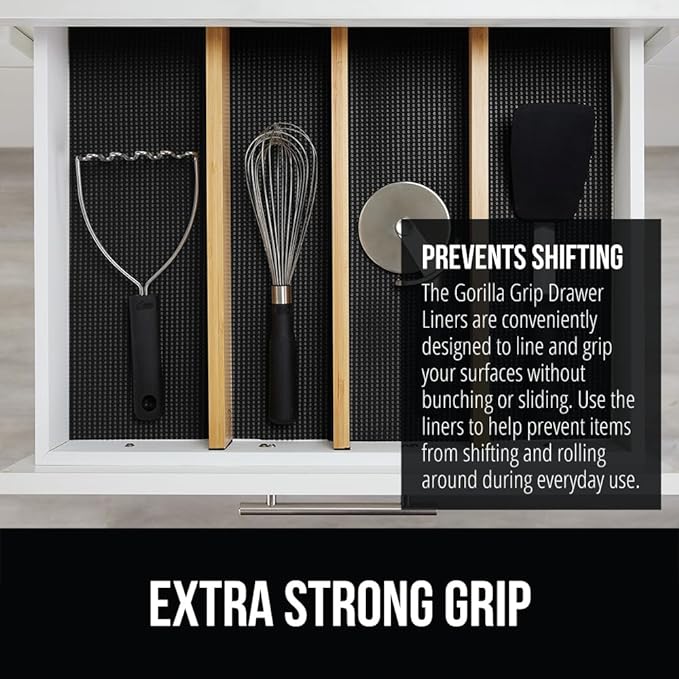 GORILLA GRIP powerGRIP Drawer Shelf and Cabinet Liner, Thick Strong Hold, Non-Adhesive Liners Protect Kitchen Cabinets and Cupboard, Bathroom Drawers, Easy Install, Breathable Mat, 20" x30', Black